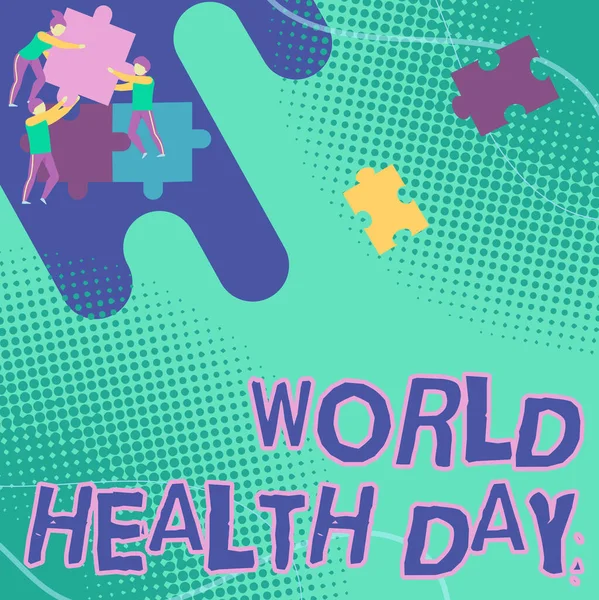 Υπογραφή με την Παγκόσμια Ημέρα Υγείας. Εννοιολογική φωτογραφία Παγκόσμια Ημέρα Υγείας Ομάδα Κρατώντας Jigsaw Κομμάτια Βοηθώντας ο ένας τον άλλο για να λύσει το πρόβλημα. — Φωτογραφία Αρχείου
