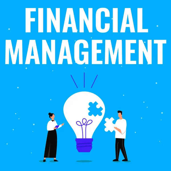 Text sign showing Financial Management. Word for efficient and effective way to Manage Money and Funds Illustration Of Partners Bulding New Wonderful Ideas For Skill Improvement. — Stock Photo, Image