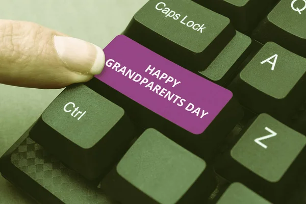 Conceptual caption Happy Grandparents Day. Business overview Older Persons or senior citizens celebration Typing Character Background Story, Creating New Social Media Account — Stock Photo, Image