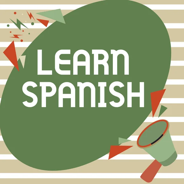İlham kaynağı gösteren metin İspanyolca öğren. İspanya 'da İş Konsepti Çeviri Dili Sözcük Hazinesi Megafon Çizimi Sohbet Bulutu Duyurusu. — Stok fotoğraf