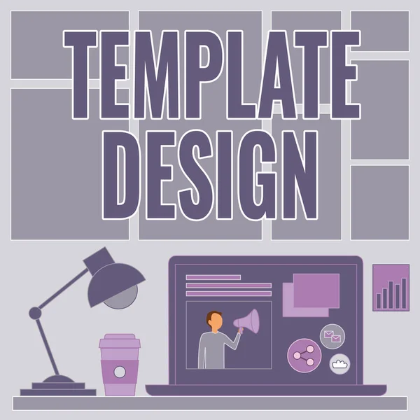 Signo de texto que muestra el diseño de plantilla. Idea de negocio un diseño general o un plan con un formato que se utilizará ordenador portátil en una mesa al lado de taza de café y lámpara de escritorio que muestra el proceso de trabajo. —  Fotos de Stock