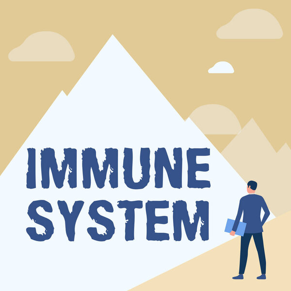 Text caption presenting Immune System. Business overview host defense system comprising many biological structures Gentleman In Suit Standing Holding Notebook Facing Tall Mountain Range.