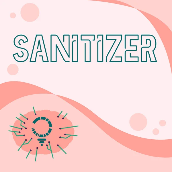 Πινακίδα που δείχνει Sanitizer. Internet Concept υγρό ή τζελ που χρησιμοποιείται γενικά για τη μείωση μολυσματικών παραγόντων Ελαφρύ σχέδιο βολβών με πολλαπλές γραμμές δίπλα στο κενό Γράψτε χώρο. — Φωτογραφία Αρχείου