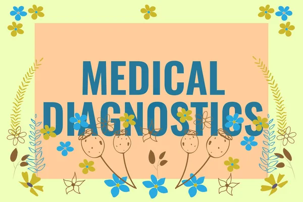 Tekenen met medische diagnostiek. Zakelijk idee een symptoom of kenmerk van waarde in diagnose Tekstkader omgeven met Assorted Flowers Harten en bladeren. — Stockfoto