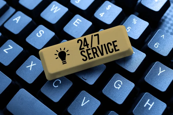 Koncepční popisek 24 Or7 Service. Obchodní koncept poskytuje pomoc, která je k dispozici po celou dobu psaní on-line turistický průvodce, Hledání internetových nápadů a vzorů — Stock fotografie