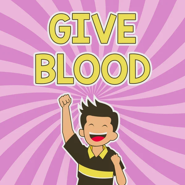 Handschrifttekst Give Blood. Conceptuele foto persoon vrijwillig heeft bloed getrokken en gebruikt voor transfusies Vrolijke Man genieten van voltooiing met spiraalvormige achtergrond Raising Hand. — Stockfoto