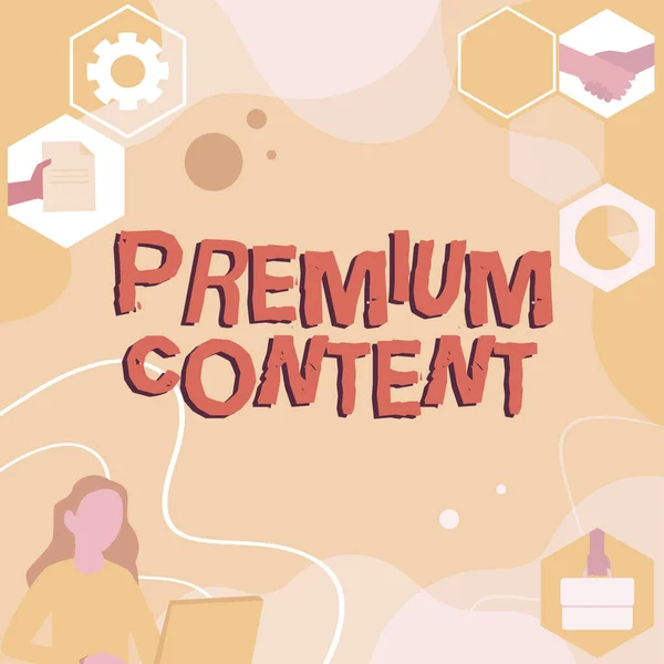 Inspiratie met teken Premium Content. Internet Concept hogere kwaliteit of wenselijker dan vrije inhoud Vrouw Innovatief denken leidende ideeën naar een stabiele toekomst. — Stockfoto