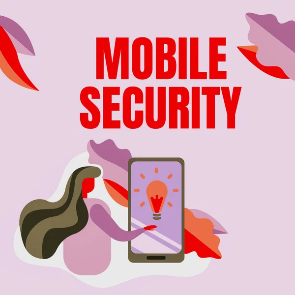 Tekst bijschrift presenteert Mobile Security. Concept betekent Bescherming van mobiele telefoon tegen bedreigingen en kwetsbaarheden Lady Pressing Screen of Mobile Phone Toont de futuristische technologie. — Stockfoto