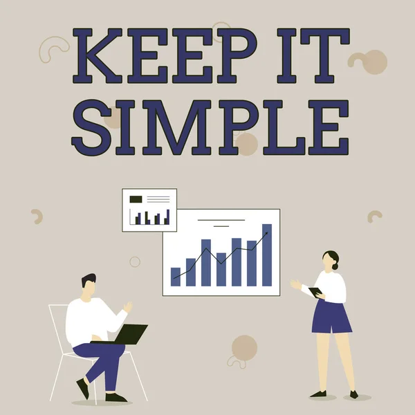 Inspiration showing sign Keep It Simple. Business idea Easy to toss around Understandable Generic terminology Man Using Laptop And Girl Standing Sharing Ideas For Improvement. — Stock Photo, Image