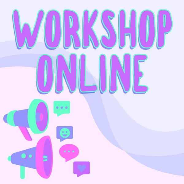 Υπογραφή εμφάνισης εργαστηρίου on-line. Workshop Online Megaphones Σχέδιο δίνοντας θετικά σχόλια Κάνοντας Ανακοίνωση — Φωτογραφία Αρχείου