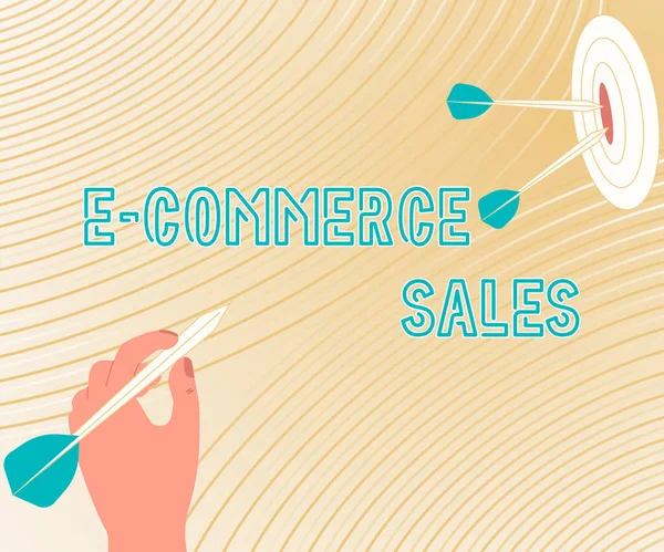 Textový titulek uvádějící E Commerce Sales. Obchodní přístup činnost nákupu nebo prodeje produktů na on-line služby Prezentace zprávy o zasažení cílového konceptu, Abstraktní oznamovací cíl. — Stock fotografie