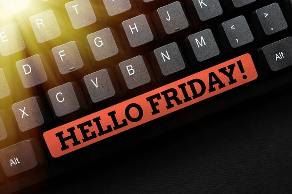 Kézírás üzenet Hello Friday. Konceptuális fotó Hagyja, hogy a hétvégén kezdődik, és ideje, hogy pihenjen, és ünnepeljük gépelés Program Code Script, Abstract Letöltése New Online Journal — Stock Fotó