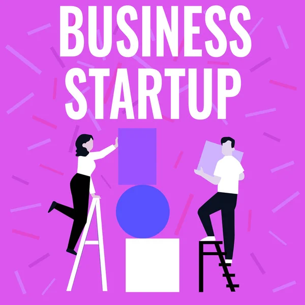 "Business Start Up" yazısını gösteren bir ilham. Yeni ticari girişimin kurulması üzerine iş görüşü Merdiven Kullanarak Yeni Bir Çift Girişimi Büyük Boş Resim Çerçevelerini Duvara Yerleştirme. — Stok fotoğraf
