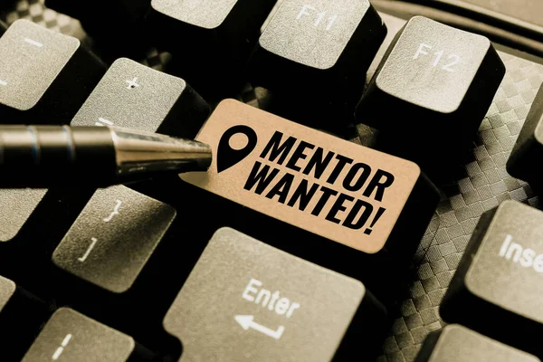 Text s inspirací Mentor Wanted. Obchodní přehled najít někoho, kdo se může řídit sám dosáhnout úspěchu Abstraktní psaní Dobrý Restaurace Recenze, objednání potravin Online koncepce — Stock fotografie