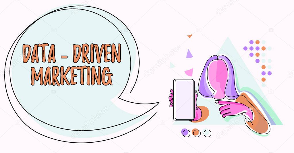 Handwriting text Data Driven Marketing. Word Written on Strategy built on Insights Analysis from interactions Line Drawing For Lady Holding Phone Presenting New Ideas With Speech Bubble.