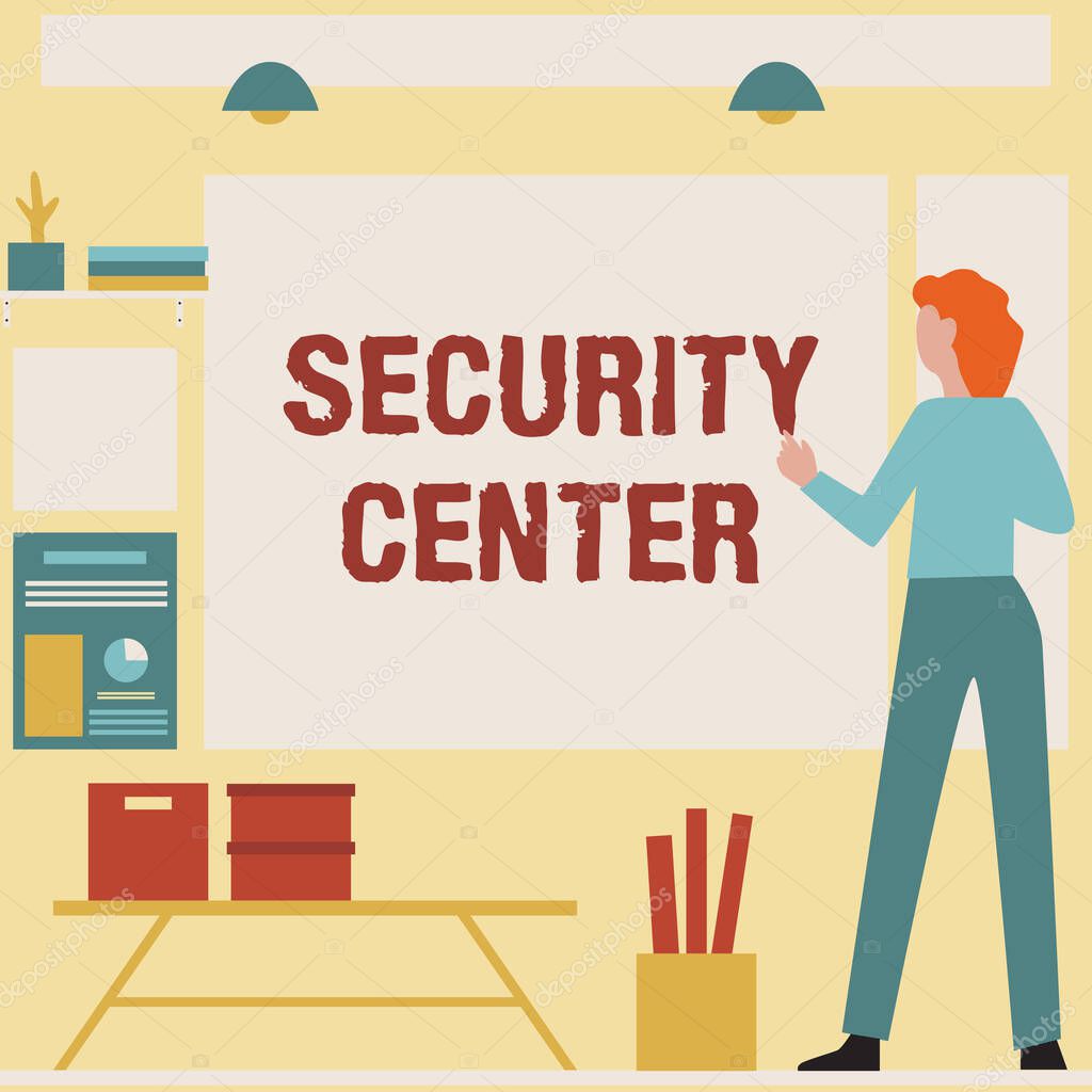 Writing displaying text Security Center. Word Written on centralized unit that deals with security issues of company Businesswoman Casual Standing Presenting Charts And New Wonderful Ideas.