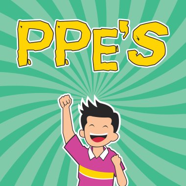 Ppe 'leri gösteren bir tabela. Sağlık ve güvenlik risklerine karşı korunmak için özel ekipman geliştirildi Neşeli Adam, Spiral Arkaplan Yükselen El ile Başarı Keyifli.