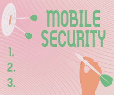 Mobil Güvenliği gösteren bir tabela. Cep telefonunun tehditlerden ve savunmasızlıklardan korunması, Hedefi Vurma, Hedefi Belirleme, Soyut Duyurma.