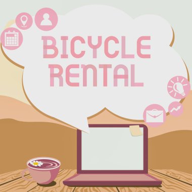 El yazısı metni Bisiklet Kiralama. Bisikletleri turistlere ya da gezginlere kiralayan, dizüstü bilgisayarda kahve fincanı ve evden çalışan fabrikanın yanında yazan bir işletmeye genel bakış.