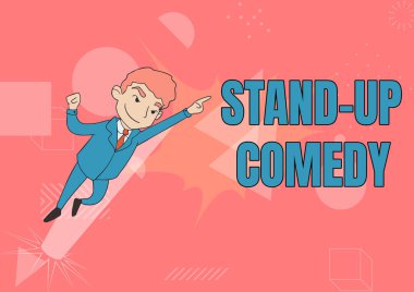 Stand-Up Komedi 'yi gösteren bir tabela. İş dünyası komedyeni canlı seyirci önünde konuşuyor Üniformalı Adam Çiziyor Yukarı Gösterilen Liderliği Gösteriyor.