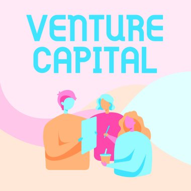 İlham, Venture Capital işaretini gösteriyor. İnternet Konsepti Sermaye Meslektaşları Kağıt Kalem Kupasını Tutarken Birbirleriyle Konuşuyorlar.