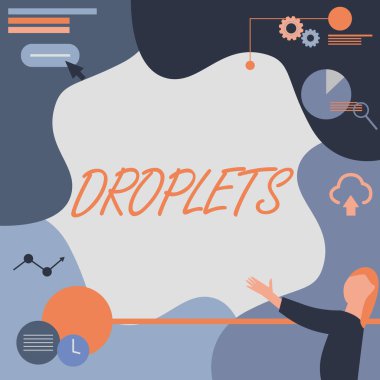 Metin işareti damlacıkları gösteriyor. İş konsepti. Islak yerlerde çok küçük bir sıvı damlası bulunabilir. Bayan Ayakta Tutulan Projektör Uzaktan Kumanda Sunan Turta Çizelgeleri