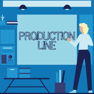 İlham verici Üretim Satırını gösteren metin. Bir fabrika işletmecisi olan Sıradan Ayakta Duran Çizelgeler ve Yeni Harika Fikirler 'de İnternet Konsepti oluşturuldu..