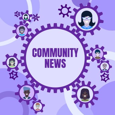 El yazısı işareti Community News. İnternet Konsepti haber yayını tipik olarak şehir mahallelerine odaklanıyor. Cogwheel İçerisindeki Meslektaşlar Takım Çalışmasının Tanımını Gösteriyor