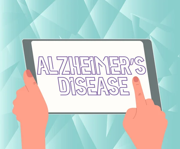 Señal que muestra Alzheimer es la enfermedad. Palabra escrita en Avanzado deterioro mental que se producen en la vejez Ilustración de una mano usando Tablet Buscando Nuevas Ideas Increíbles. — Foto de Stock