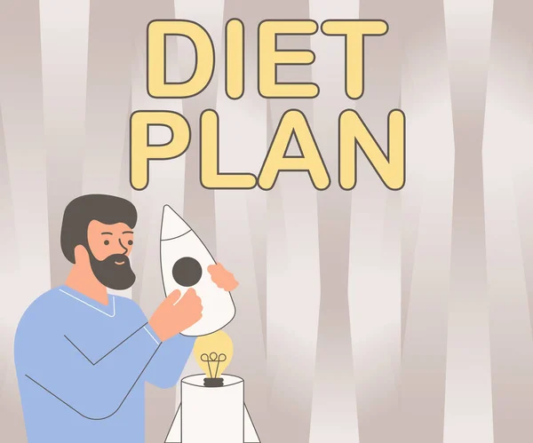 Handschrift Diet Plan. Internet Concept Gebruik van specifieke voeding om gezondheidsredenen Illsutratie van Man Holding Rocketship Discovered Ideas Inside. — Stockfoto
