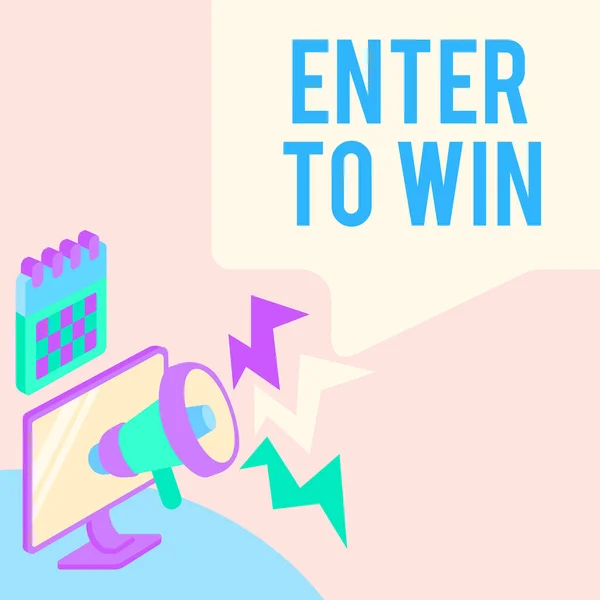 Σύμβολο κειμένου που εμφανίζει το Enter To Win. Επιχειρηματική βιτρίνα Sweepstakes Δοκιμάζοντας την τύχη να κερδίσει το μεγάλο βραβείο Λοταρία Tablet Σχέδιο με Megaphone Κάνοντας νέα ανακοίνωση σε ένα κουτί συνομιλίας. — Φωτογραφία Αρχείου