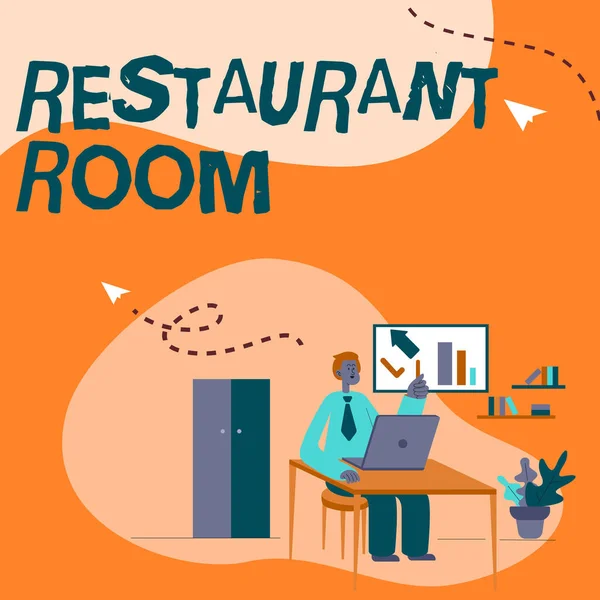 Schrijven met tekst Restaurant Room. Zakelijke showcase met geld om te zitten en te eten maaltijden die worden gekookt en geserveerd Man zit op bureau werken en presenteren van nieuwe technologieën. — Stockfoto