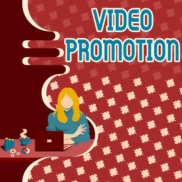 Inspirace ukazující znamení Video Promotion. Word for Video Promotion Woman Seitting Using Laptop Online Session Discusing Latest Projects. — Stock fotografie