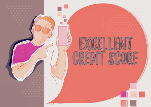 Pisanie wyświetlania tekstu Excellent Credit Score. Koncepcyjny numer zdjęcia, który ocenia konsumenta s jest zdolność kredytowa Linia Rysunek dla Guy Holding Telefon prezentujący nowe pomysły z bańki mowy. — Zdjęcie stockowe