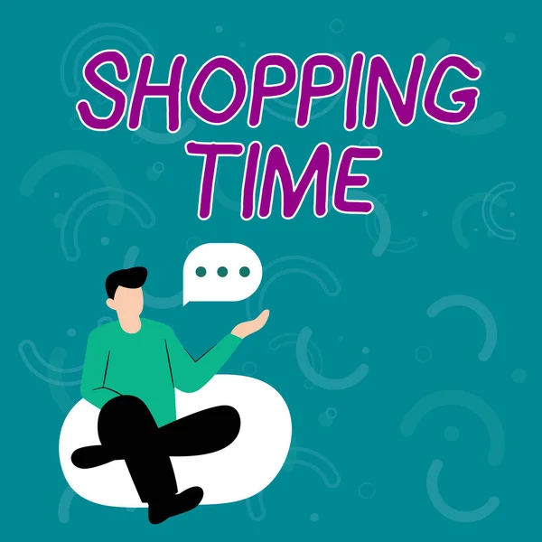 Writing displaying text Shopping Time. Concept meaning A period of time in which someone buys a lot of things Illustration Of Businessman Sitting On Soft Sofa Chair Talking.