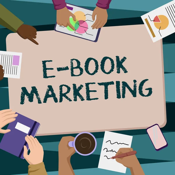 Text sign showing E Book Marketing. Word for digital file that can be used on any compatible computer Colleagues Office Meeting Having Coffee Discussing Future Projects Charts. — Stock Photo, Image
