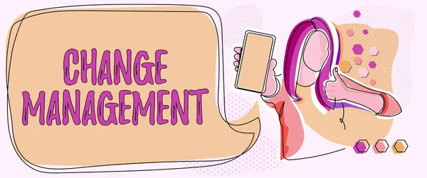 Légende textuelle présentant la gestion du changement. Mot pour le remplacement du leadership dans une organisation Nouvelles politiques Ligne de dessin pour Lady Holding téléphone Présentation de nouvelles idées avec bulle de parole. — Photo