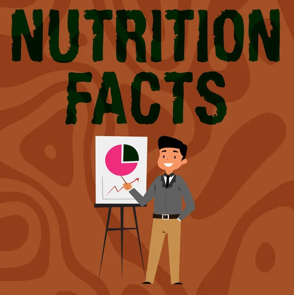 Texto que muestra inspiración Datos nutricionales. Foto conceptual Información detallada sobre los nutrientes de la comida Empresario que lleva puestos casuales Presentando gráficos e ideas. —  Fotos de Stock