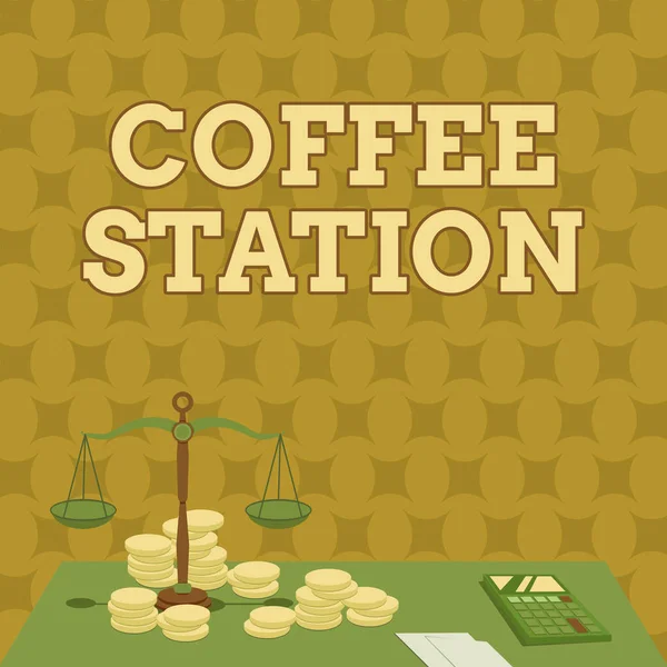 Conceptual caption Coffee Station. Slovo pro malou neformální restauraci, kde se podávají teplé nápoje Balance Scale obklopen mincemi kalkulačka Počítání finančních hypoték. — Stock fotografie