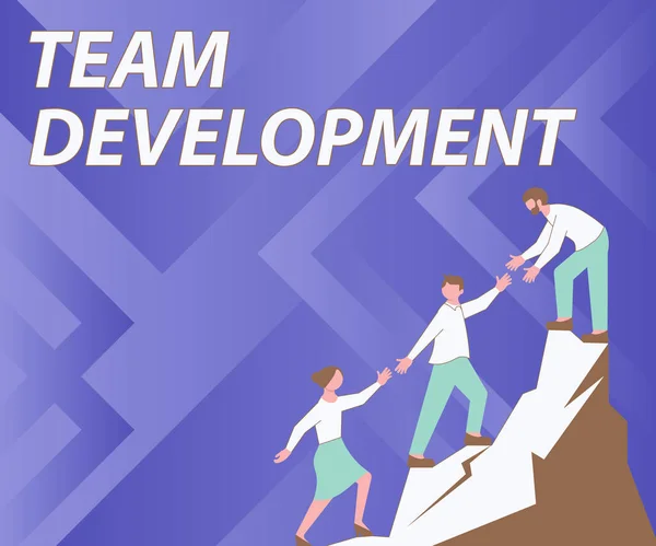 Conceptual display Team Development. Business idea learn why and how small groups change over time with graphs Colleagues Climbing Upwards Mountain Reaching Success Presenting Teamwork. — Stock Photo, Image