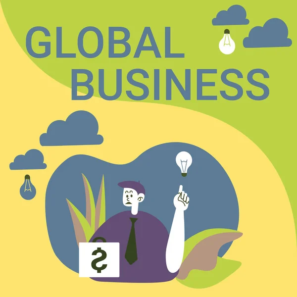 Text, der Inspiration für Global Business zeigt. Business approach Trade and business system a company doing across the world Man Sitting In Park Blowing Balloons Thinking Of New Thoughts With Idea Lamp. — Stockfoto