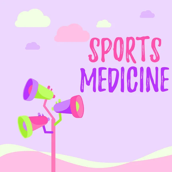 Tekst met bijschrift Sports Medicine. Business showcase Behandeling en preventie van verwondingen in verband met sport Pole Megaphones Tekenen maken van aankondiging aan een open ruimte. — Stockfoto