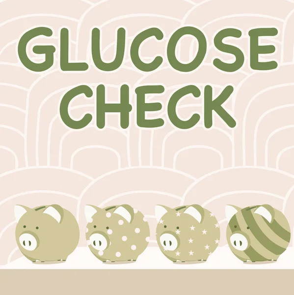Концептуальний підпис Glucose Check. Слово написане на процедурі що вимірює кількість цукру в крові Кілька скарбничок Малювання на столі зі смугастим тлом . — стокове фото