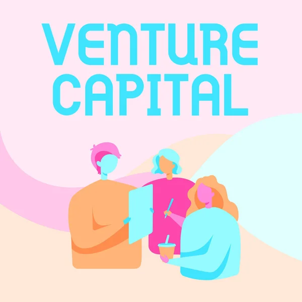 Inspirace ukazuje znamení Venture Capital. Internet Koncepce Venture Capital Kolegové stojící mluví k sobě drží papír pero Cup. — Stock fotografie
