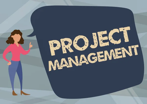 Text sign showing Project Management. Business showcase Application Process Skills to Achieve Objectives and Goal Illustration Of Woman Speaking In Chat Cloud Discussing Ideas. — Stock Photo, Image