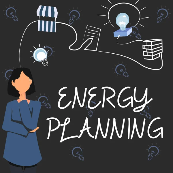 Textskylt som visar energiplanering. Affärsidé utformning av en strategi och plan för konsumtion av energi Kvinna innovativt tänkande Ledande idéer mot en stabil framtid. — Stockfoto