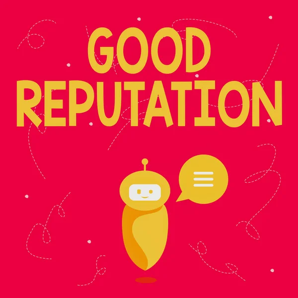 Text showing inspiration Good Reputation. Word for customer lays his or her trust and loyalty in the brand Cute Floating Robot Telling Us New Wonderful Information In A Chat Cloud. — Stock Photo, Image