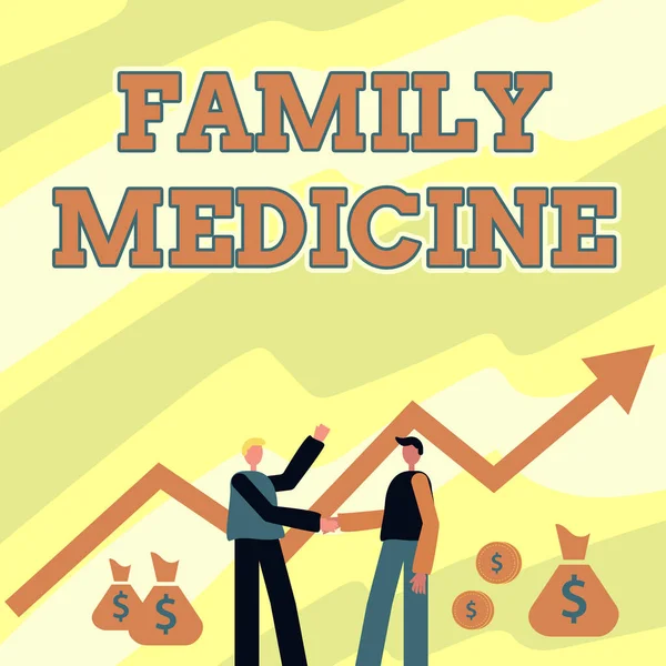 Az SMS-ben családi orvoslás van. Üzleti koncepció célja, hogy alapvető egészségügyi ellátást a családtagok két férfi álló kezet pénzügyi nyíl a növekedés és a pénz táskák. — Stock Fotó