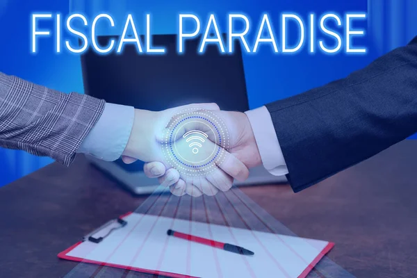 Text showing inspiration Fiscal Paradise. Internet Concept The waste of public money is a great concern topic Hands Shaking Signing Contract Unlocking New Futuristic Technologies. — Stock Photo, Image