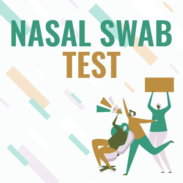 Writing displaying text Nasal Swab Test. Word Written on diagnosing an upper respiratory tract infection through nasal secretion Woman Drawing Sitting Holding Megaphone Making Announcement.